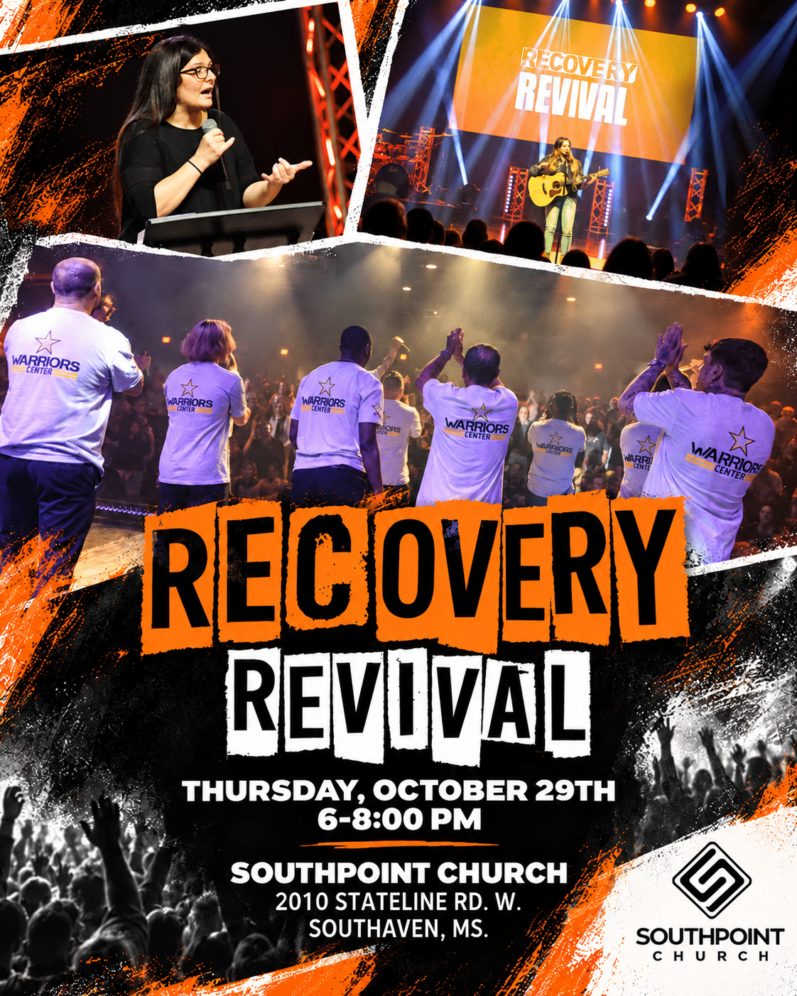 Recovery Revival flyer: Thursday, October 29, 6 to 8 PM at Southpoint Church, Southaven, MS, with Warriors Center residents on stage